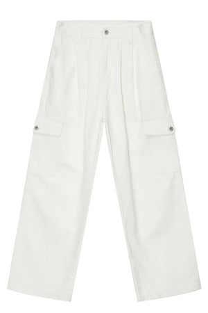 White 100% cotton pleated cargo pants with wide leg cut and button flap pockets.