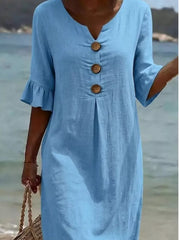 Sky blue casual dress with ruffled sleeves and button detail