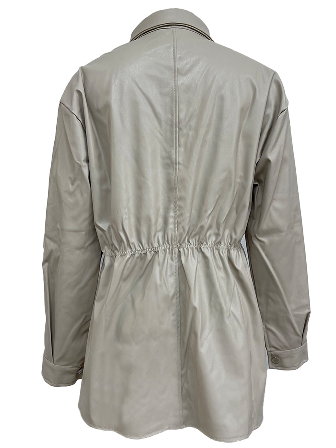 Tan faux leather shirt jacket with gathered waist detail and button cuffs.