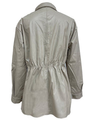 Tan faux leather shirt jacket with gathered waist detail and button cuffs.