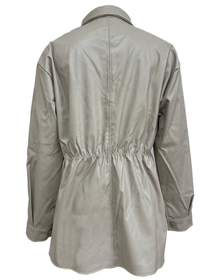 Tan faux leather shirt jacket with gathered waist detail and button cuffs.