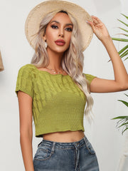 Yellow-green cable knit crop top with square neckline and short sleeves