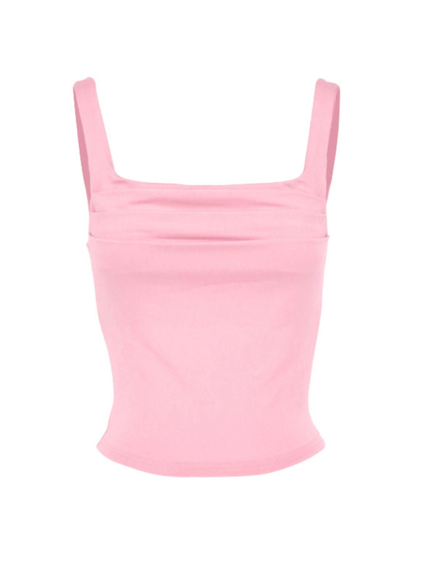 Pink ruched square neck fitted tank top with wide straps