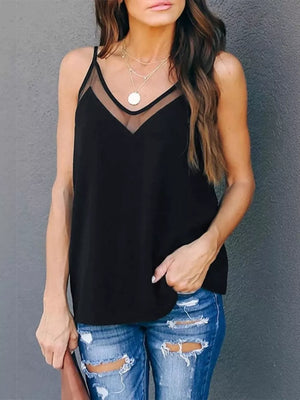Black cami top with sheer V-neck insert and adjustable spaghetti straps.
