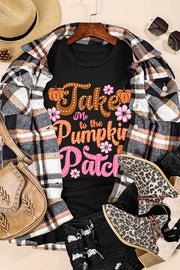 Black round neck tee with "Take Me to the Pumpkin Patch" graphic and floral accents.