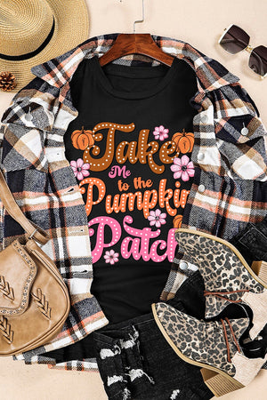 Black round neck tee with "Take Me to the Pumpkin Patch" graphic and floral accents.