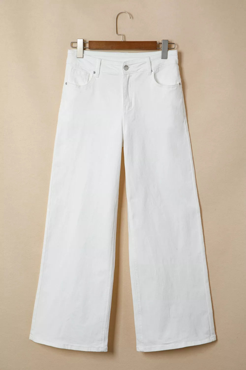 White denim casual wide-leg high-waisted jeans with button fly.