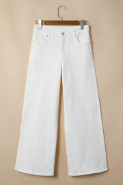 White denim casual wide-leg high-waisted jeans with button fly.