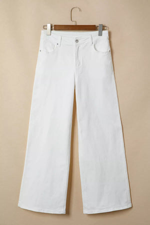White denim casual wide-leg high-waisted jeans with button fly.