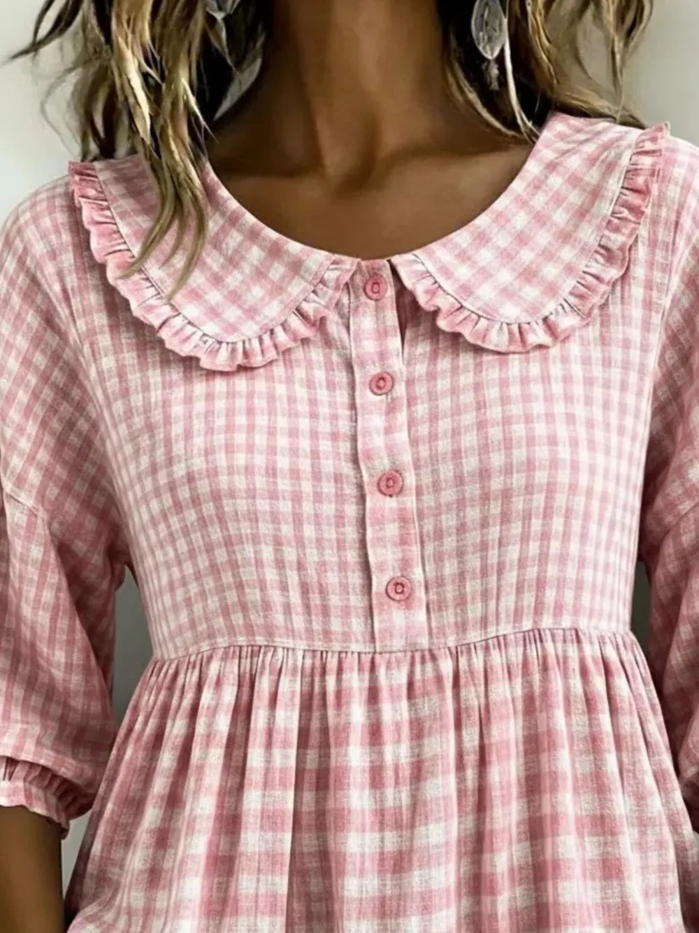 Full Size Gingham Peter Pan Collar Blouse Plus Size, fit detail