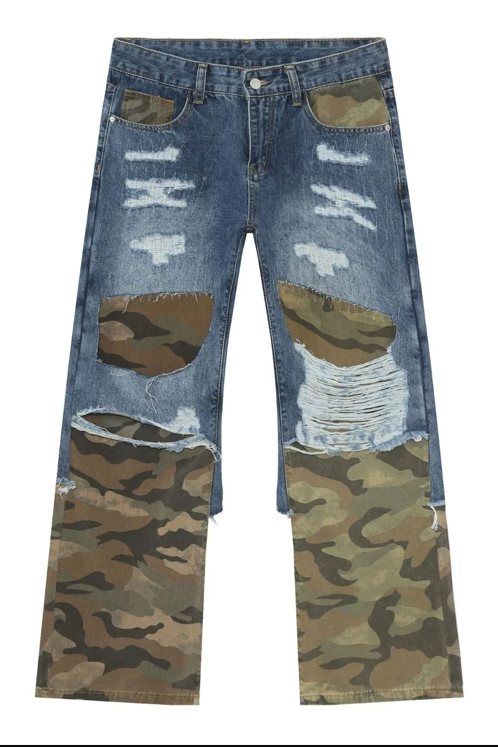 Camouflage patchwork distressed jeans in medium wash denim with baggy fit.