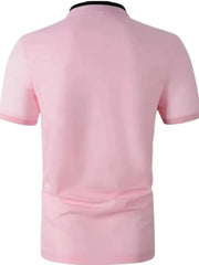 Men's dusty pink polo shirt with contrast black collar and short sleeves.