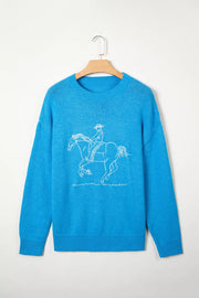 Western Embroidery Drop Shoulder Sweater in Sky Blue, alternate angle