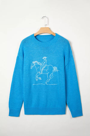Western Embroidery Drop Shoulder Sweater in Sky Blue, alternate angle