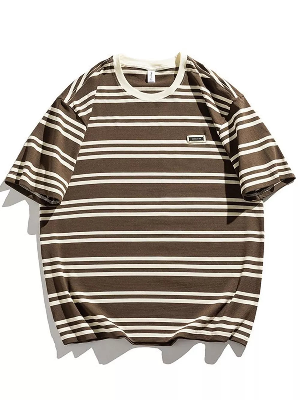 Men's brown and white striped cotton crew neck tee with a small chest detail.