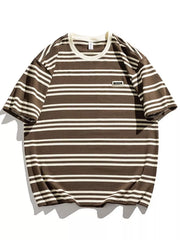 Men's brown and white striped cotton crew neck tee with a small chest detail.