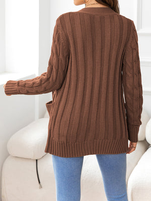Textured cable-knit pocket cardigan in Chestnut acrylic with ribbed details and cable sleeves.
