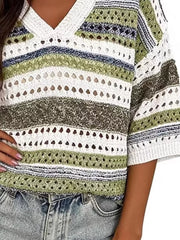 V-neck Ribbed Sweater in Green Stripes, close-up detail