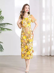 Embroidered Floral Puff Sleeve Midi Dress