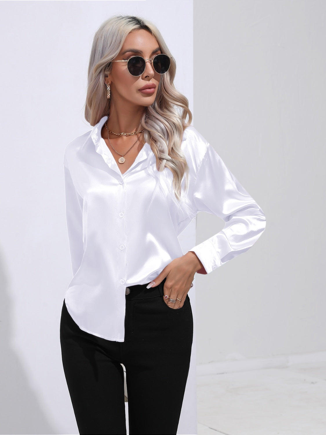 White satin tie-front blouse with buttoned front and collar