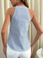 Blue and white striped V-neck tank top with a buttoned collar detail.