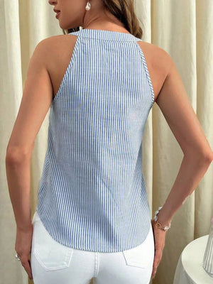 Blue and white striped V-neck tank top with a buttoned collar detail.