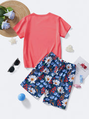 Coral graphic tee and blue floral daisy print shorts set for baby.