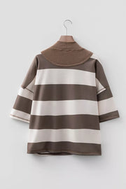 Striped Color Block Zip Collar Oversize Sweatshirt in Coffee Brown, model styling view