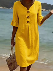 Full Size Casual Button Midi Dress With Ruffle Sleeves in Yellow, view 15