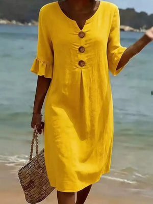 Full Size Casual Button Midi Dress With Ruffle Sleeves in Yellow, view 15