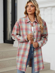Oversized pastel plaid shacket with button front and chest pockets.