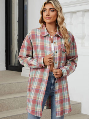 Oversized pastel plaid shacket with button front and chest pockets.