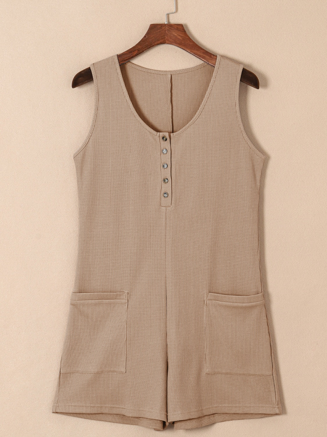 Camel waffle knit button-down romper with pockets
