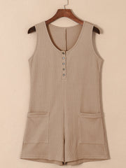 Camel waffle knit button-down romper with pockets