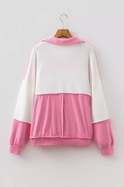 Color Block Ricrac Trim V Neck Long Sleeve Top in Pink, alternate angle