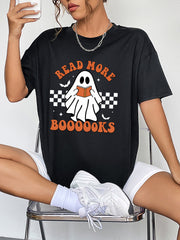 Black graphic t-shirt with a ghost reading a book and "Read More Boooooks" text.