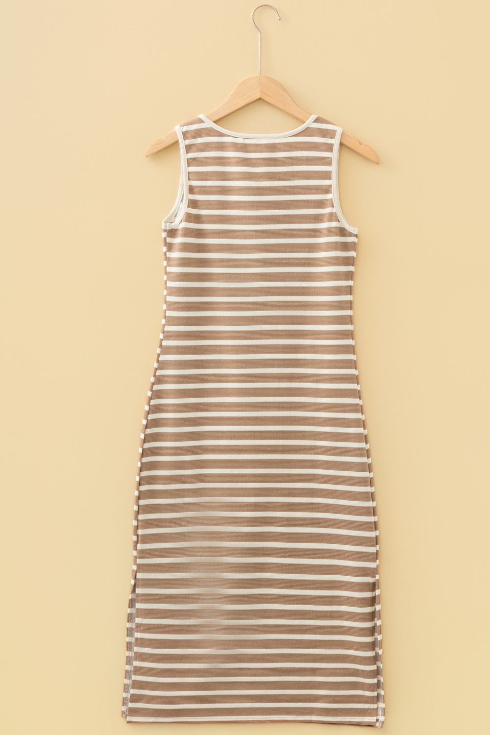 Brown and white striped sleeveless midi dress with side slit