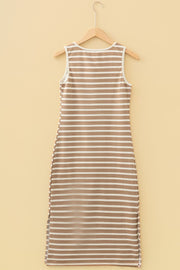 Brown and white striped sleeveless midi dress with side slit