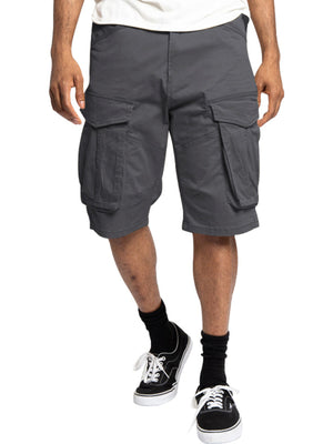 Men's dark gray cargo shorts with multiple pockets and a casual fit.