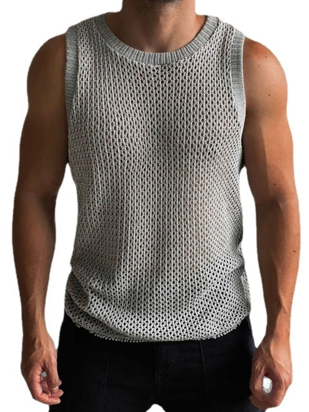 Gray open-knit tank top with ribbed trim and crew neck.