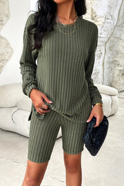Slouchy ribbed knit bike short set in matcha green, featuring a long sleeve top and bike shorts.
