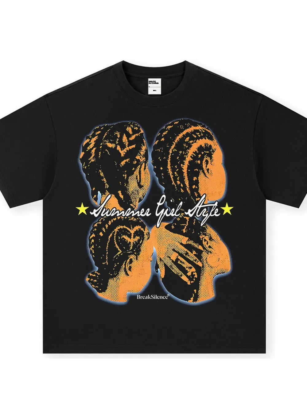 Black cotton oversized tee with graphic print of four profiles and text.