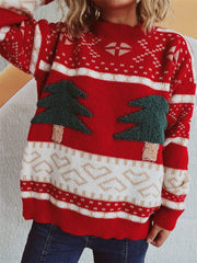 Festive red knit sweater with appliqué trees and holiday pattern.