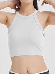 White ribbed halter crop top with contrast stitching detail