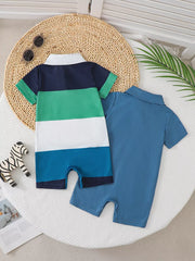 Color block polo romper for kids with navy, green, white, and blue stripes.