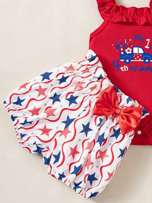 Red patriotic baby set with star print bloomer shorts and red bow detail.