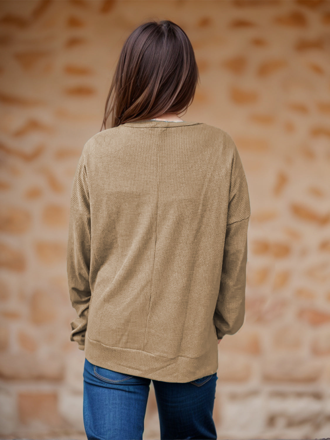 Waffle knit relaxed fit crewneck top in Tan, showing the back view.