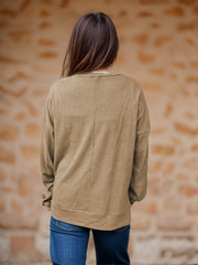 Waffle knit relaxed fit crewneck top in Tan, showing the back view.
