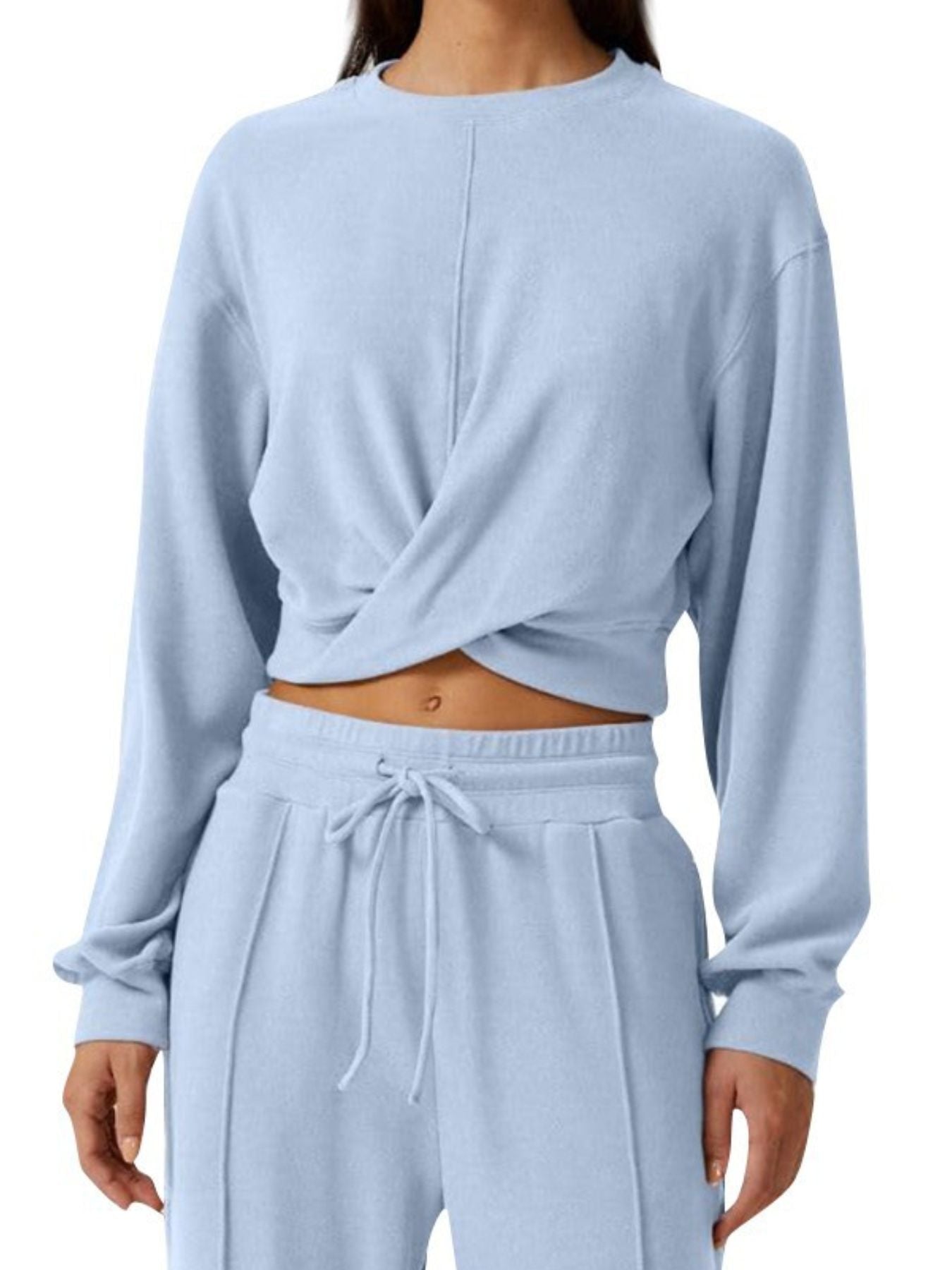 Light blue cropped twist-front top and relaxed drawstring pants set