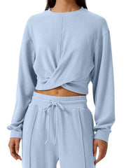 Light blue cropped twist-front top and relaxed drawstring pants set